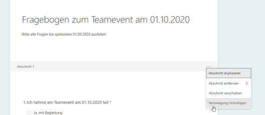 Screenshot der Funktion Verzweigungen erstellen bei einer Umfrage in Microsoft Forms - Verzweigung hinzufügen