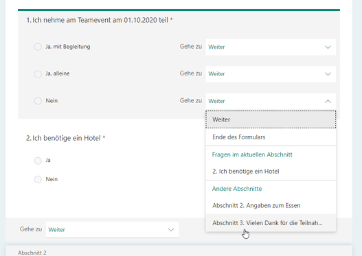 Screenshot der Funktion Verzweigungen erstellen bei einer Umfrage in Microsoft Forms - nächste Frage auswählen