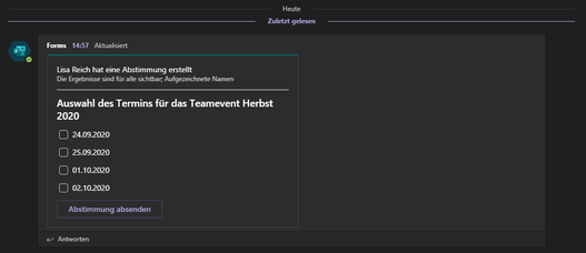 Screenshot Anzeige einer mit Microsoft Forms erstellten Umfrage in Teams