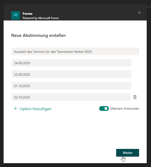 Screenshot neue Umfrage in Microsoft Forms erstellen