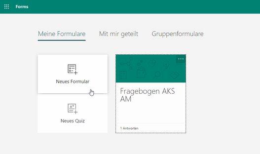 Screenshot der Funktion Neues Formular erstellen in Microsoft Forms