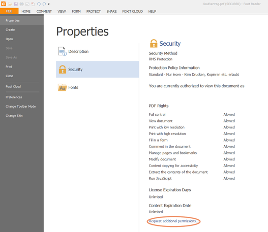 Screenshot Zugriffsrechte eines geschützten PDF-Dokuments im Foxit Reader