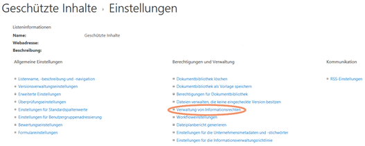 Screenshot Verwaltung von Informationsrechten für eine SharePoint-Bibliothek