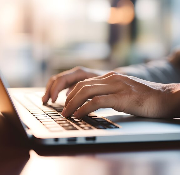 Close up of a business man working on a laptop, typing with his hands for work in office environment home office