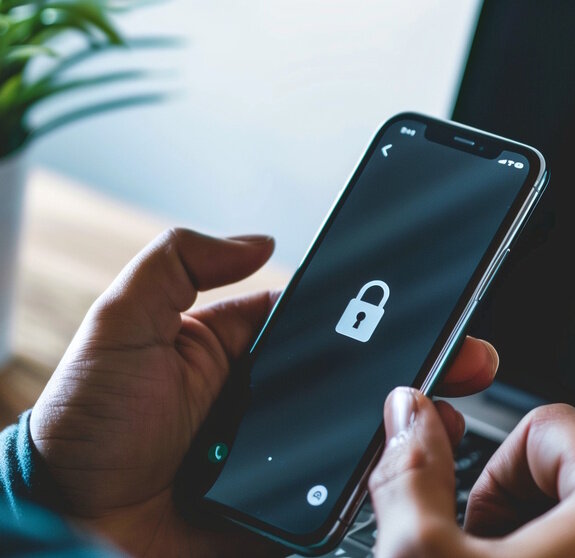 Man holds Smartphone with Lockscreen in hands. Business Laptop in Background, Security, Digital,