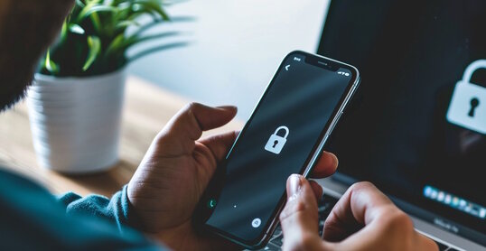 Man holds Smartphone with Lockscreen in hands. Business Laptop in Background, Security, Digital,