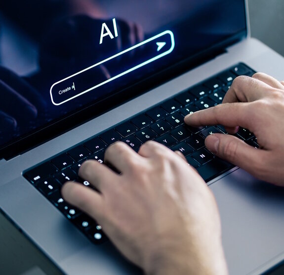 AI chat prompt. Artificial intelligence and digital technology. Man using chatbot with laptop at work. Creative content. Generate text or image. Command input on website. Bot assistant conversation.