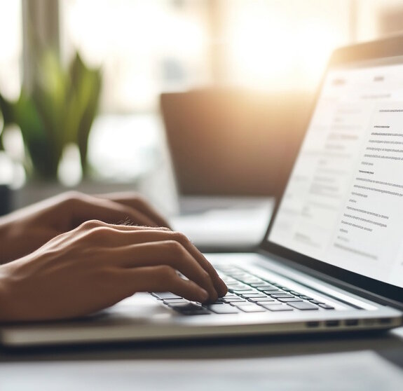 Person, hands and typing on laptop in office for email, spreadsheet and proposal or application for work. Woman, online and technology with bokeh for task or drafting, writing notes and report. 