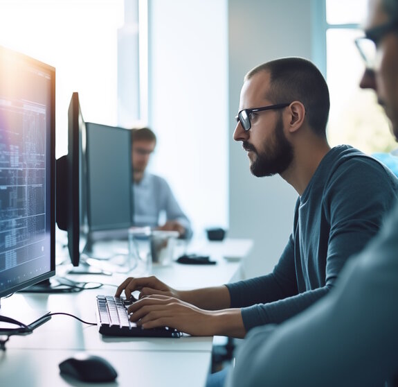 Man at computer, software developer working on coding script or cyber security in bright modern office