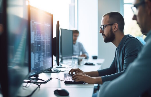 Man at computer, software developer working on coding script or cyber security in bright modern office