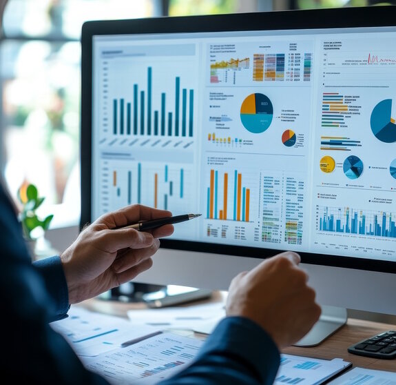 Business finance data analytics male worker analyzing graphs and charts on computer screen