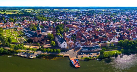 Aerial view of the old town of the city Seligenstadt in Germany on a sunny day in spring.