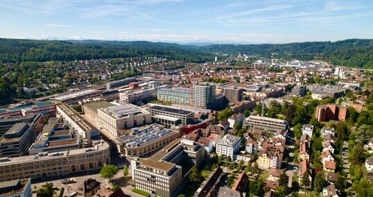 Aerial view of City of Winterthur on a sunny summer day.