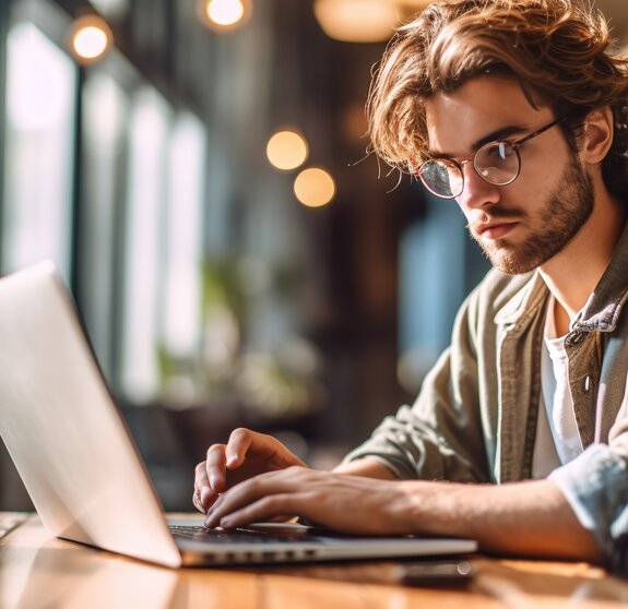 Young man working on laptop, boy freelancer or student with computer in cafe at table looking in camera. Model by AI generative