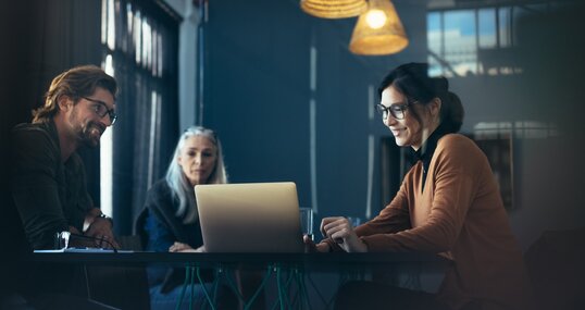 Executive sharing proposal on laptop with colleagues