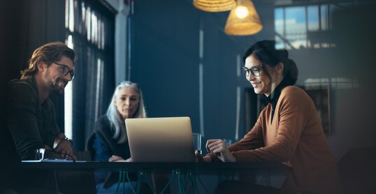 Executive sharing proposal on laptop with colleagues