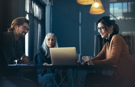 Executive sharing proposal on laptop with colleagues