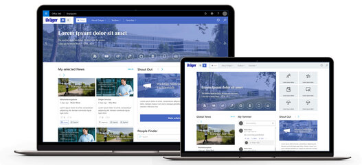 Screenshot des digitalen Arbeitsplatz mit M365 bei Dräger auf zwei Laptops