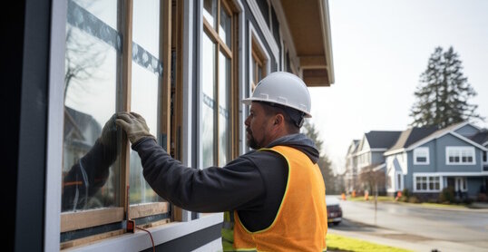 Middle aged male construction worker installing new windows to home